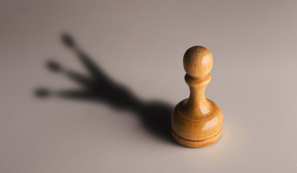 Wooden chess pawn with king shadow